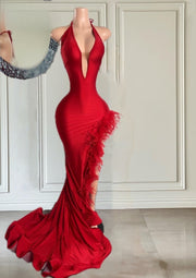 Sexy Red Prom Dresses For Women Feathers Halter Backless Mermaid Party Gowns Split Evening Dress Vestidos De Graduación