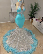 Sky Blue Feathers Silver Beaded Appliques Halter Prom Dress