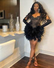 Little Black Birthday Dress For Women Luxury Sheer Neck Feathers Short Prom Gowns Crystal Beading Cocktail Party Dress