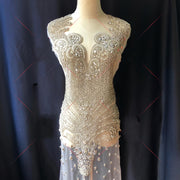 Luxury Silver Prom Dresses Sheer Neck Sparkly Rhinestone Evening Dress Long Sleeves Party Gowns