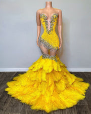 Bright Yellow Mermaid Feathers Prom Dress