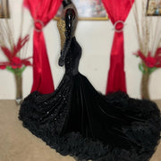 Elegant Black Ruffles Beading Prom Dress