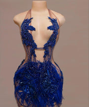 Blue Halter Party Dress with Crystals and Feathers