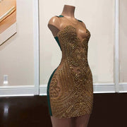 Vestidos De Gala See Through Rhinestone Birthday Dress Sheer Neck Green Short Prom Gowns Formal Occasion Party Dress