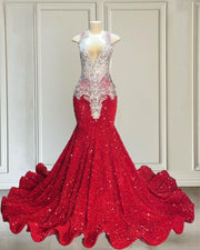 Red Mermaid Prom Dresses Luxury Crystals Diamond Sequin Party Gowns Vestidos De Graduación