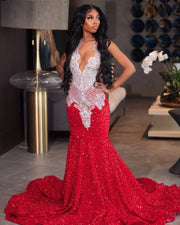 Red Mermaid Prom Dresses Luxury Crystals Diamond Sequin Party Gowns Vestidos De Graduación