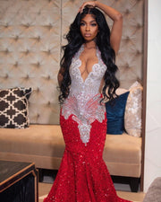 Red Mermaid Prom Dresses Luxury Crystals Diamond Sequin Party Gowns Vestidos De Graduación