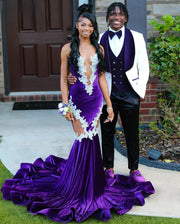 Sexy Purple Prom Dresses Applique Beading Party Gowns Sheer Neck Velvet