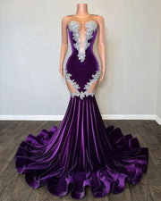 Sexy Purple Prom Dresses Applique Beading Party Gowns Sheer Neck Velvet