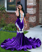 Sexy Purple Prom Dresses Applique Beading Party Gowns Sheer Neck Velvet