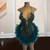 Sexy Green Halter Crystal Rhinestone Feathers Birthday Dress