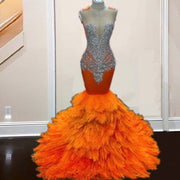 Crystal Luxury Diamond Orange Feathers Prom Dress