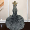 Sheer Neck Luxury Sparkly Diamond Shiny Rhinestone Prom Dress