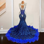 Blue Beading  Feathers Prom Dress