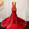 Long Red Mermaid  Sheer Top Luxury Sparkly Diamond Prom Dress