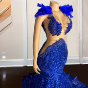 Sexy Sequin Mermaid Prom Dresses Scoop Crystal Party  Gala Gowns Feathers Evening Dress Elegant