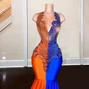 New Design Orange And Blue Mermaid Prom Dresses 2024 Sheer Neck Crystal Mermaid Party  Gala Gowns Evening Dress