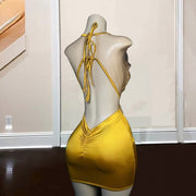 Sexy Yellow Cocktail Party Dresses Rhinestone Sheer Neck Mini Prom Gowns See Through Backless Birthday Dress