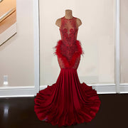 Sheer Neck Open Back Red Rhinestone Prom Dress