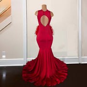 Sheer Neck Open Back Red Rhinestone Prom Dress