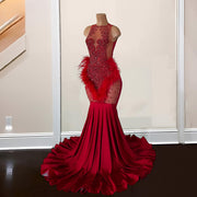 Sheer Neck Open Back Red Rhinestone Prom Dress