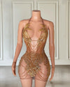 Mannequin Wearing a Luxury Sheer Gold Crystal Mini Birthday Dress with Sparkling Embellishments, Perfect for Birthday Celebrations