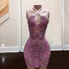 Sparkly Diamond Halter Sleeveless Pink Rhinestone Birthday Dress