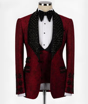 Men's Burgundy Black Beading Suit (Jacket + Pants + Vest )