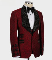 Men's Burgundy Black Beading Suit (Jacket + Pants + Vest )