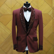 Men's Burgundy Sequin Suit (Jacket + Pants + Vest )