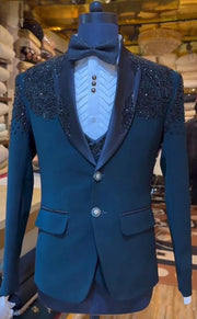 Navy Blue Beading Three Pieces Men Suits With Black Sequined Appliques Man Blazer(Jacket+Vest+Pants)