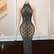 Real Photo Mermaid Prom Dresses Crystal Beading High Neck Party Dress Long Homecoming Gowns