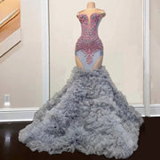 Luxury Rhinestone Sheer Neck Ruffles Mermaid Prom Dress