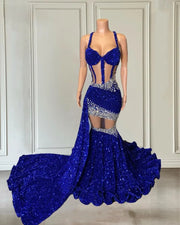 Royal Blue Crystal Sequin Mermaid Prom Dress With Train