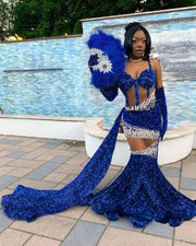 Royal Blue Crystal Sequin Mermaid Prom Dress With Train