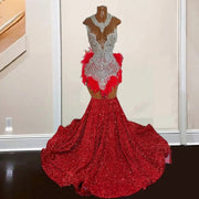 Red Mermaid Prom Dresses For Women Luxury Rhinestone Feathers Party Gowns Backless Sequin Homecoming Dress Vestidos De Gala