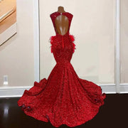 Red Mermaid Prom Dresses For Women Luxury Rhinestone Feathers Party Gowns Backless Sequin Homecoming Dress Vestidos De Gala