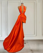 Orange Satin Halter Evening Dress with Train