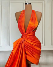 Orange Satin Halter Evening Dress with Train