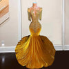 Gold Sheer Neck Rhinestone Mermaid Prom Dress