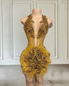 Luxury Yellow Halter Sparkly Crystals Birthday Dress