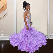 Icy Diamond Feather Purple Mermaid Prom Dress