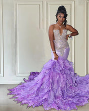 Icy Diamond Feather Purple Mermaid Prom Dress