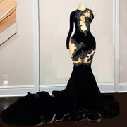 Black Velvet One-Shoulder Long Sleeve Rhinestone Mermaid Prom Dress