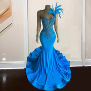 One-Shoulder Sky Blue Feathered Mermaid Prom Dress