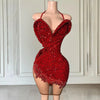 Mannequin Wearing a Red Glitter Halter Sequin Mini Birthday Party Dress with Sparkling Embellishments, Styled for Glamorous Celebrations