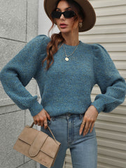 Heathered Long Lantern Sleeve Rib-Knit Sweater