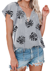 Khaki V-neck Short Sleeve Fashion Print Fantasy Fluttering Blouse