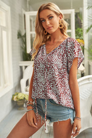 Khaki V-neck Short Sleeve Fashion Print Fantasy Fluttering Blouse