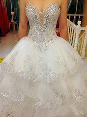 white Ball Gown Fluffy Wedding Dresses Plus Size Tulle Lace Crystal Diamond Wedding Gowns